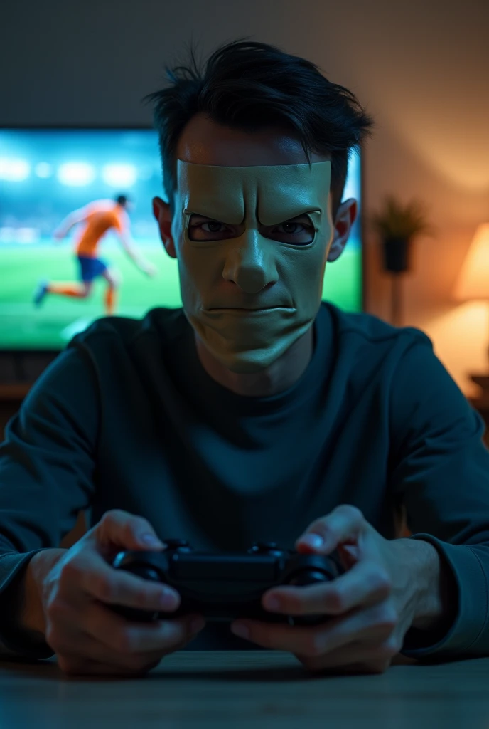 An man playing football game on console wear sad food bag mask dont show face and his on livestream