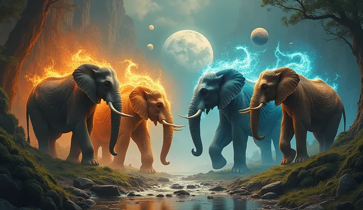 The periodic change of the Great Conjunction has a similar cycle to the energy of these four elephants. For example, the fusion and splitting of energy during the conjunction of Jupiter and Saturn corresponds to the process of generation of the four elepha...