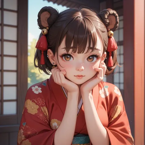 I put a lot of piercings on my ears　Woman with dark ears 　 brown hair　 red kimono　anime　 cute　 shy expression 