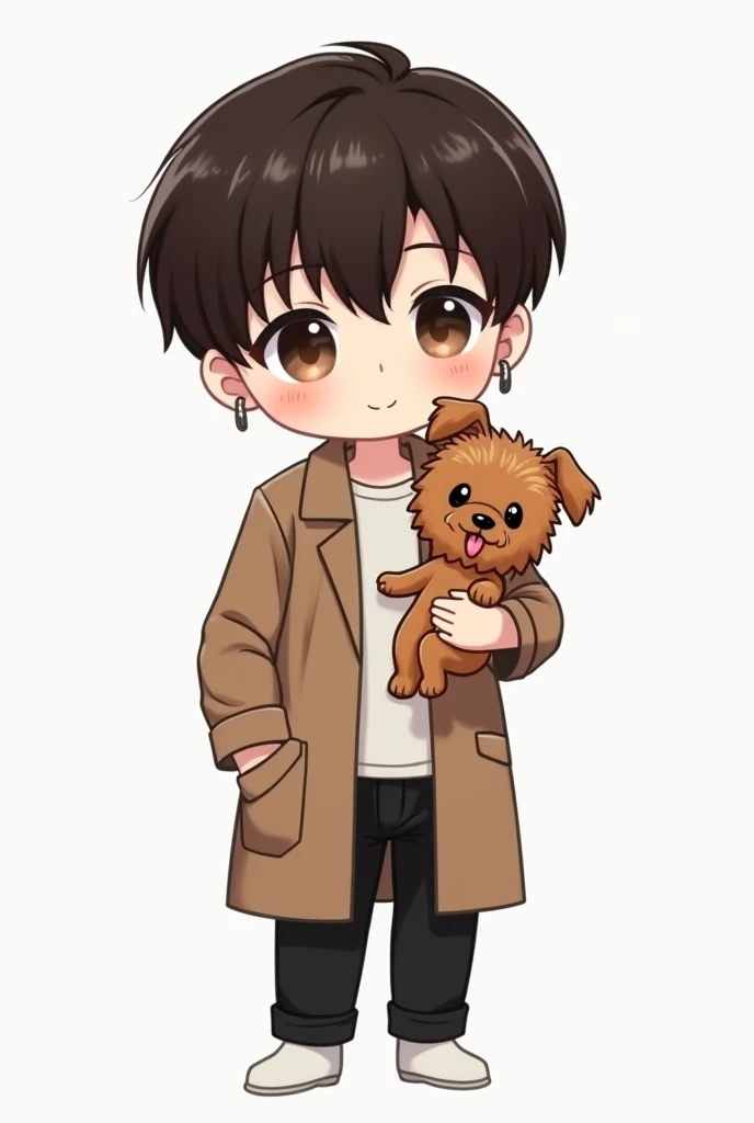 Anime,cartoon,Chibi Figure , Teen boys1 , Korean Style Dark Brown Short Hairstyle , Pierced Earrings , Short Sleeve Round Neck Coat , black trousers ,White socks, ,carrying, 1 Yorkshire Puppy, Brown, Cute Dog Coat 