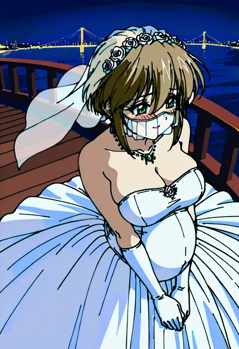 ((Best quality)),((Ultra-detailed)),((illustration)),((frilld)),(1 girl),(Solo), 1 girl, Bangs, Smile,Shut up,blush, Close-up of beautiful bride wearing beautiful wedding dress,Gurwitz,(Transparent) Blushing face, 1.5, head flower,headgear,(tube top weddin...