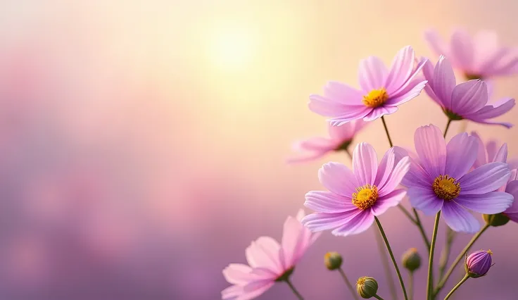 Create a serene and dreamy composition featuring delicate purple cosmos flowers in full bloom, with vibrant yellow centers. Arrange the flowers on the right of image against a blank softly blurred background bathed in warm, golden sunlight. Include unopene...