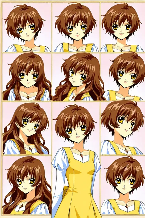 A girl that is an student. She has long wavy Brown hair with shiny golden eyes with a yellow dress uniform. Collage character sketch different facial expressions. Clamp Tsubasa chronicles art style. 