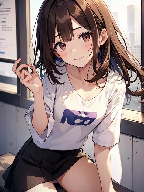 1gIrl,small breasts,small breasts anyway,small chest
large whIte t-shIrt,baggy clothes,black skIrt,medIum haIr,lean forward,upward glance
face close-up,masterwork、Brown haIr、A detaIled eye、（（brown-eyed））,BeautIful and perfect legs, Clean and perfect hands,...