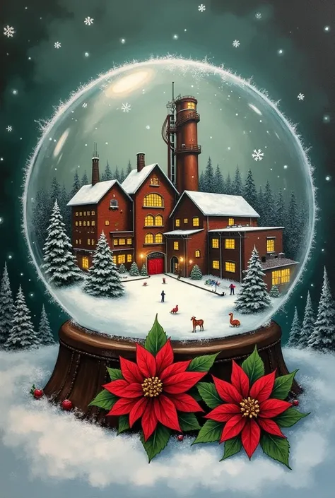 
" An oil painting of a beautifully decorated snow ball with the Zollverein coal mine,  a UNESCO World Heritage site and an old coal mine in Germany ,   raw with its iconic industrial architecture  .  Inside the snowball ,  there is an enchanting Christmas...