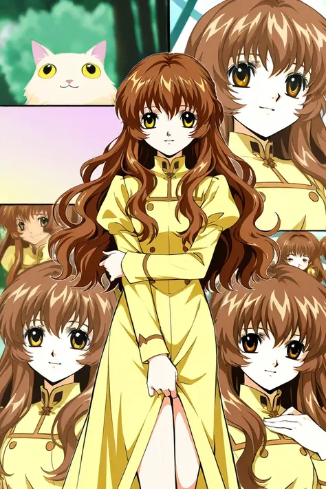 A girl that is an student. She has long wavy Brown hair with shiny golden eyes with a yellow dress uniform. Collage character sketch different facial expressions. Clamp Tsubasa chronicles art style. 