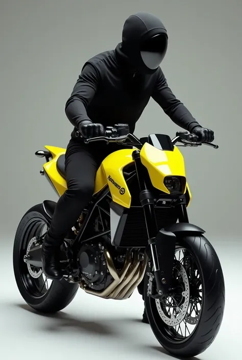 Husqvarna 701 Supermoto black and yellow with a
man in a 2 meter black outfit sitting on it as if driving 