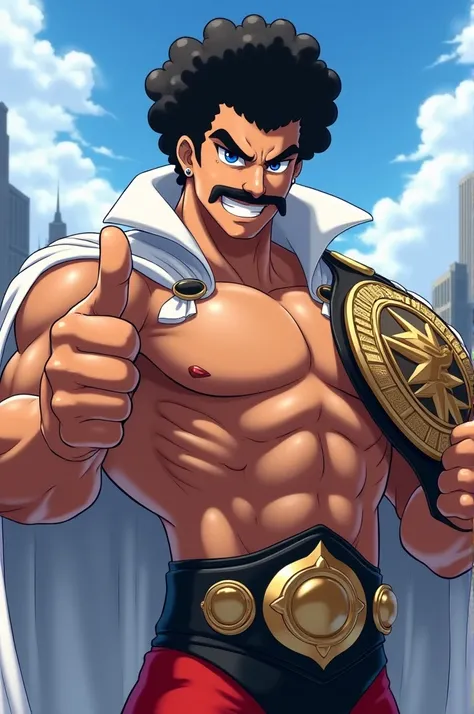 mr satan,1boy, solo,upper body, black hair,blue eyes, brown dougi,black championship belt,black belt,slight smile,looking at viewer,mustache,afro,white cape, sky, city in the background,,thumbs up,pectoral cleavage,looking at viewer,chest hair,muscular mal...