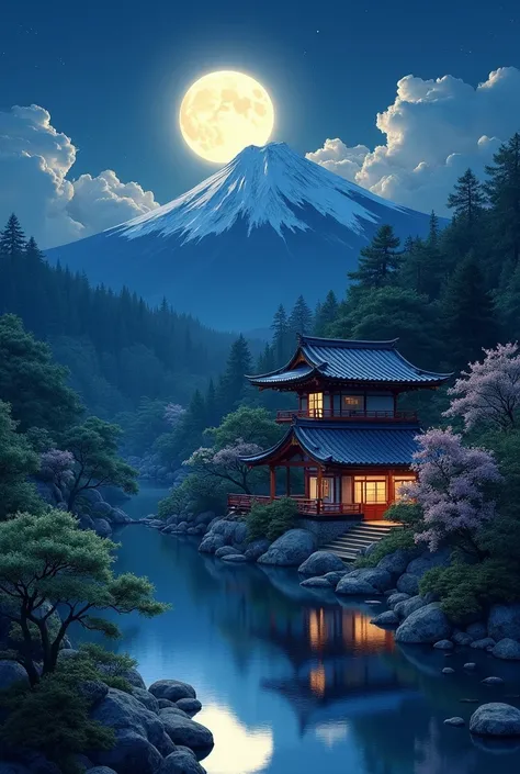 Japanese house painting under full moon, Japanese art style, Japanese art, traditional Japanese art, old Japanese art, Japan at Night,  4k Highly Detailed Art , Japanese art art,  Animated Background Art , Highly detailed 4K art,   Traditional Japanese Pai...