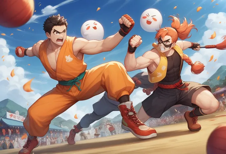  with a mask on his head, Painting by Unkoku Togan,  shutterstock,   conceptual art  ,  cartoon boy chasing a man wearing orange clothes ) fight, exciting  illustration, fighting scene,  Japanese Anime Style ,  Japanese anime style, people fighting, they a...