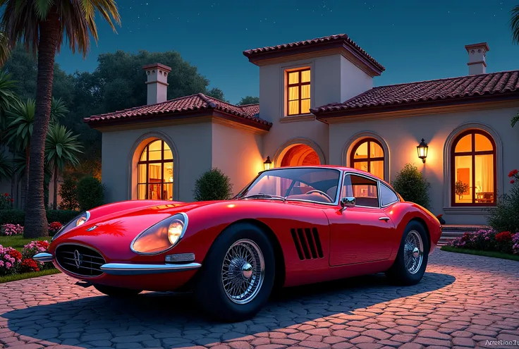 Image is a vibrant, high-resolution digital artwork depicting a classic red sports car parked on a cobblestone driveway in front of a luxurious Mediterranean-style villa. The car, with its sleek curves and polished chrome details, is positioned prominently...