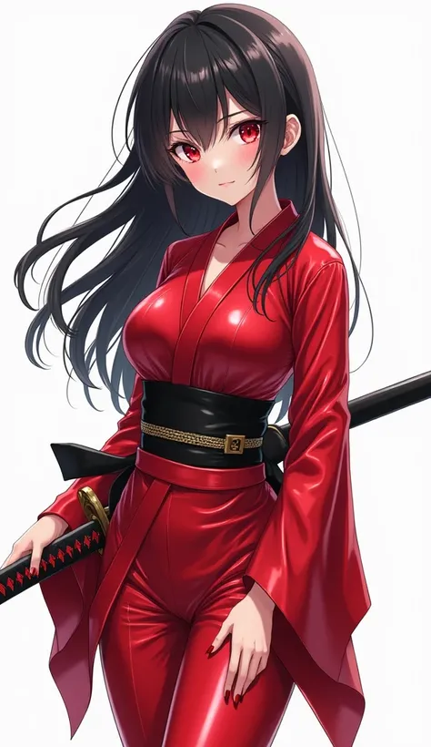 anime style illustration , cute short teenage girl with red eyes , black long hair , in shiny red latex long kimono outfit , anime style , cute , in white background , with one katana sword 