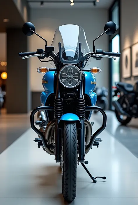 Front view 2025 royal Enfield Himalayan pure blue in showroom background front view 