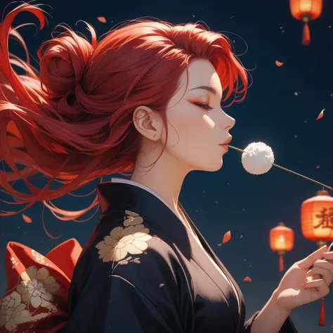  Japanese gorgeous Black kimono profile of an adult woman 、long red  hair、 the wind is blowing 、beautiful、high quality、Alone、New year