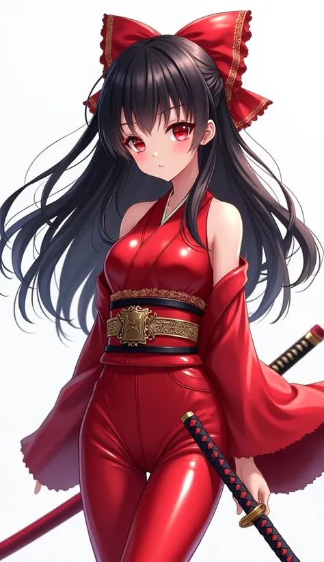 anime style illustration , cute short teenage girl with red eyes , black long hair , in shiny red latex long kimono outfit , anime style , cute , in white background , with one katana sword 