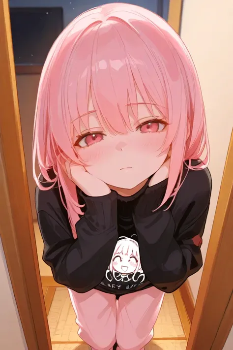 Anime style a young girl Standing on the ground with pink hair. Her a soft blush is applied to her cheeks. She wears an oversized
 over a long-sleeved black sweater that partially covers her hands. Standing, full body figure, 