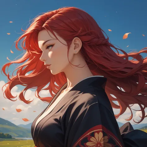  Japanese black kimono profile of an adult woman 、long red  hair、 the wind is blowing 、beautiful、high quality、Alone、Sakura