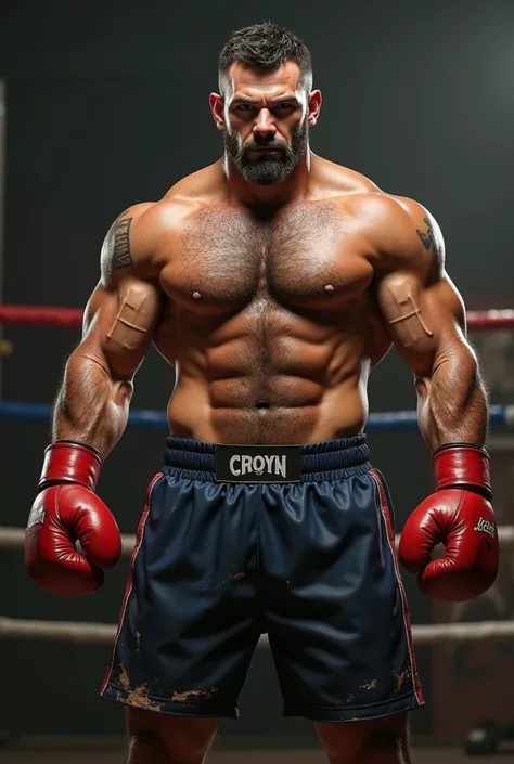 Croatian hunk boxer, young, stocky build, short stature, hairy chest, muscular calves