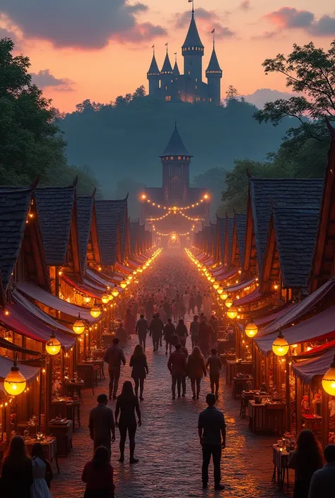 " Medieval fantasy themed festival with 80 stalls decorated in medieval architectural style ,  such as wooden walls , stone,  and colorful flags .  Circularly arranged stalls ,  Surrounded by visitors dressed in fantasy costumes such as knights , witch, an...