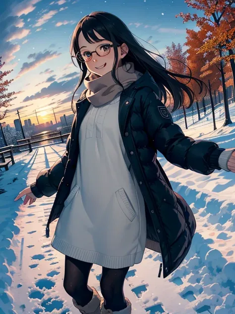 masterpiece， Top Quality ，   high image quality ，(  super flat  ，  FLAT SHADING  )，Stylish glasses，beautiful dark hair，   fisheye lens，  Adorable little young sow and her adorable :1.2， Warm freelance scarf  ，  Down Jacket，(naked)，  long hair，  knit dress，...