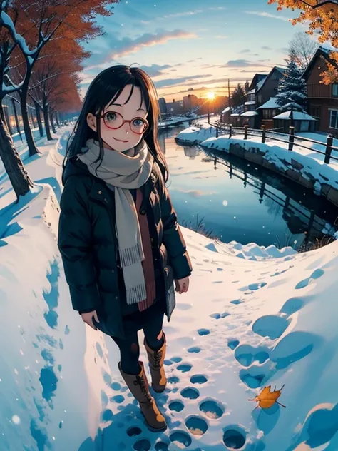 masterpiece， Top Quality ，   high image quality ，(  super flat  ，  FLAT SHADING  )，Stylish glasses，beautiful dark hair，   fisheye lens，  Adorable little young sow and her adorable :1.2， Warm freelance scarf  ，  Down Jacket，(naked)，  long hair，  knit dress，...