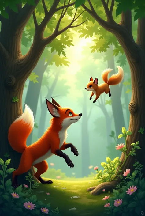 A little fox catches a small squirrel jumping from a branch