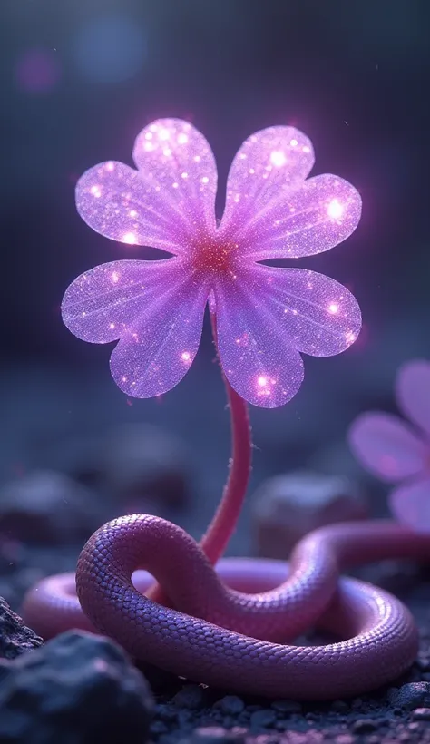 Sparkling light purple four-leaf clover
The background is sparkling
There are 4 leaves
The snake is crawling