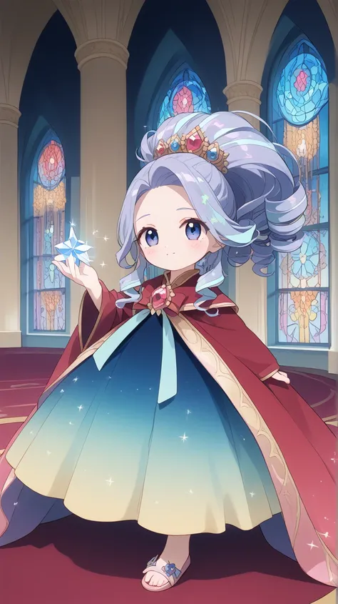 A grand anime ballroom scene featuring Cinderella. She wears a sparkling, ethereal gown that glows faintly with magic, her glass slippers shimmering with every step. Her hair is styled into loose curls adorned with delicate silver ornaments. The ballroom i...