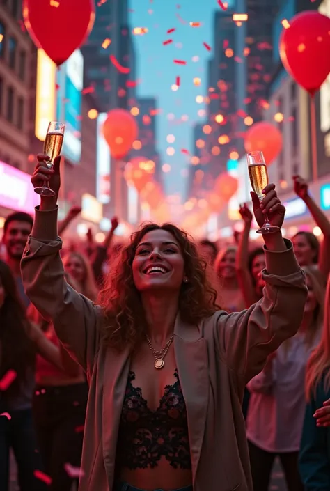 New Year,  in the city 2 0 2 5, people are celebrating a with confetti and balloons, a portrait by Lena Alexander, pexels, happening, new years eve, promotional image, promo image, atmosphere, champagne commercial, movie promotional image, promotional imag...