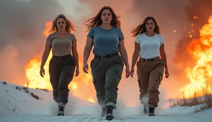 "Three plump Finnish women with large  breasts, big ass, confidently walking toward the camera in waist t-shirts and military pants. Their Nordic features glow against a backdrop of fiery explosions, with a snow-dusted landscape barely visible in the dista...