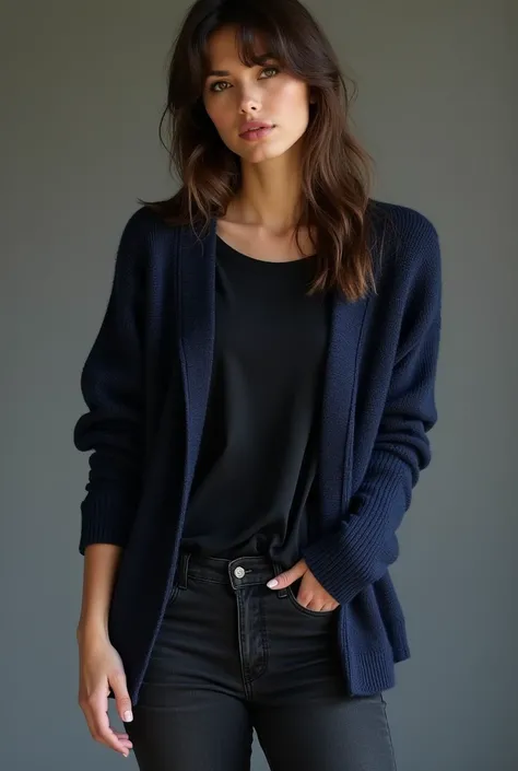 Waist length dark blue jumper under jumper is a short black t shirt that is showing just under bottom of jumper low rise worn tight black jeans showing slight waste skin sexy brunette with fringe 40 years old