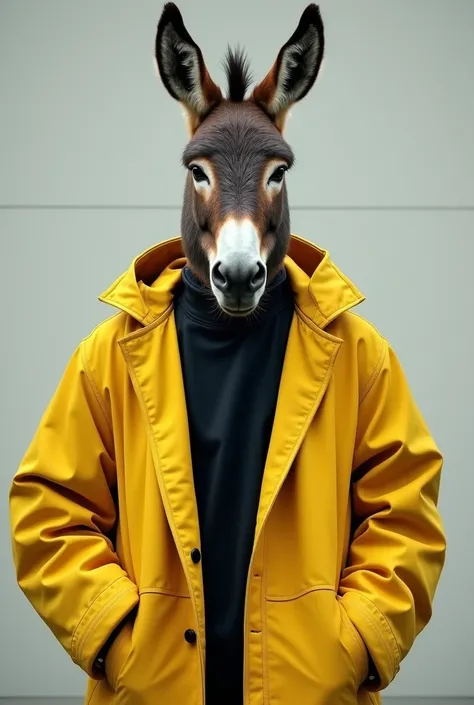 A man dressing black shirt and yellow coat and his face is a donkey I want his upper body 