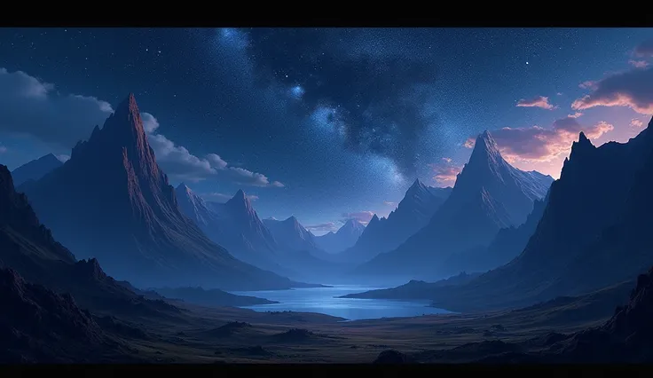 night landscape, mountains, many stars, Constellations, subrrealista, 