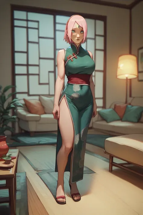 Sakura Haruno (NARUTO), A girl with a short light pink hairstyle, with Height: 165 cm, large breast, green eyes, as she wearing a full body red qipao on living room