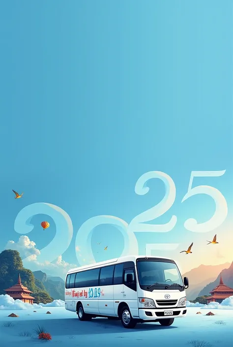 create an image containing the content of the new year 2025 on a blue background with scenic spots in Vietnam. Next to the image containing a few images related to tourism and the symbol of a white 45-seat Daewoo passenger car welcoming the new year 2025, ...