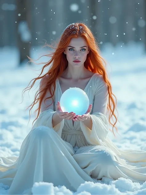 here is a woman with red hair and a white dress sitting in the snow, very long snow colored hair, a sorceress casting a ice ball, in snow, girl under lantern, in the snow, only snow i the background, red haired goddess, with red hair, inspired by Anne Stok...