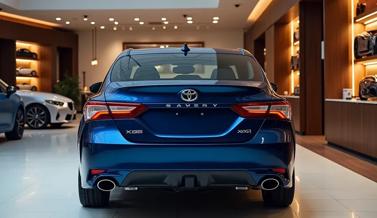 2025 toyota camry XSE AWD back side  look in dark blue  colour in luxury showroom full HD photo 