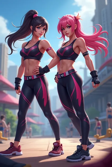 rafaela and hanabi from mobile legends wearing sports bras and leggings