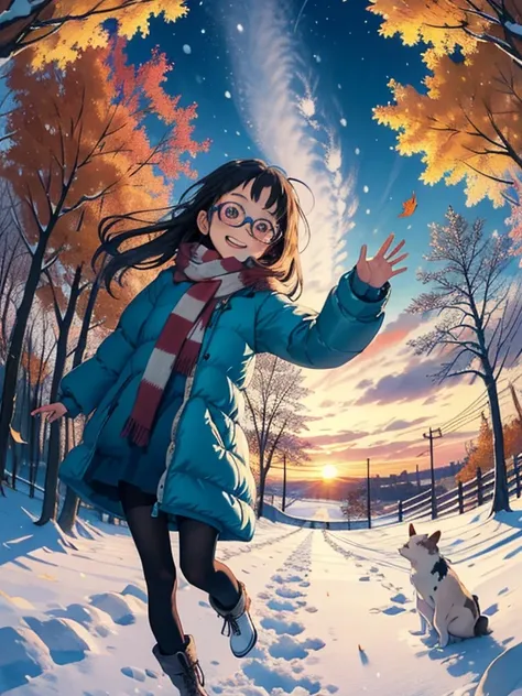 masterpiece， top quality ， high image quality，( super flat ， FLAT SHADING  )，Stylish glasses，beautiful dark hair， fisheye lens，Adorable little young happy sow and her adorable little daughter:1.2， Warm freelance scarf ， Down Jacket，(naked)，  long hair，  kn...