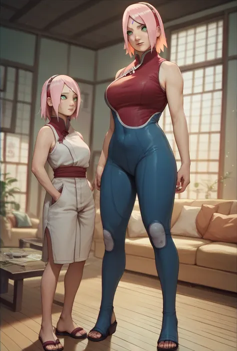 Sakura Haruno (NARUTO), A girl with a short light pink hairstyle, with Height: 165 cm, large breast, green eyes, as she wearing a full body red plugsuit on living room