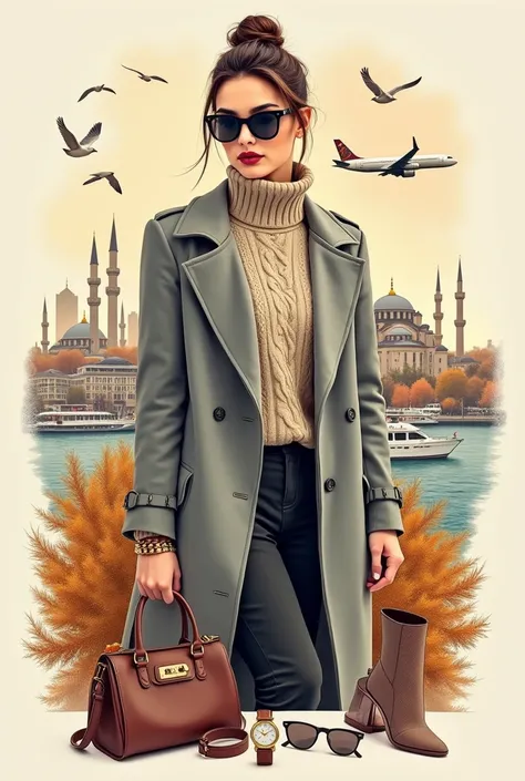 The picture portrays a stylish woman wearing a beige cable-knit turtleneck sweater and a long gray coat. She is accessorized with black sunglasses and has her hair tied in a neat bun. The background is divided into multiple sections, showcasing a picturesq...