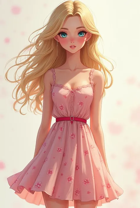 Realistic picture-like illustration of a 15-year-old woman who is 1 . 65 tall 
Blond hair 
Turquoise blue eyes 
Full lips 
White but slightly pinker complexion
Its not that thin, in fact it has curves. 
She wears a pink floral dress