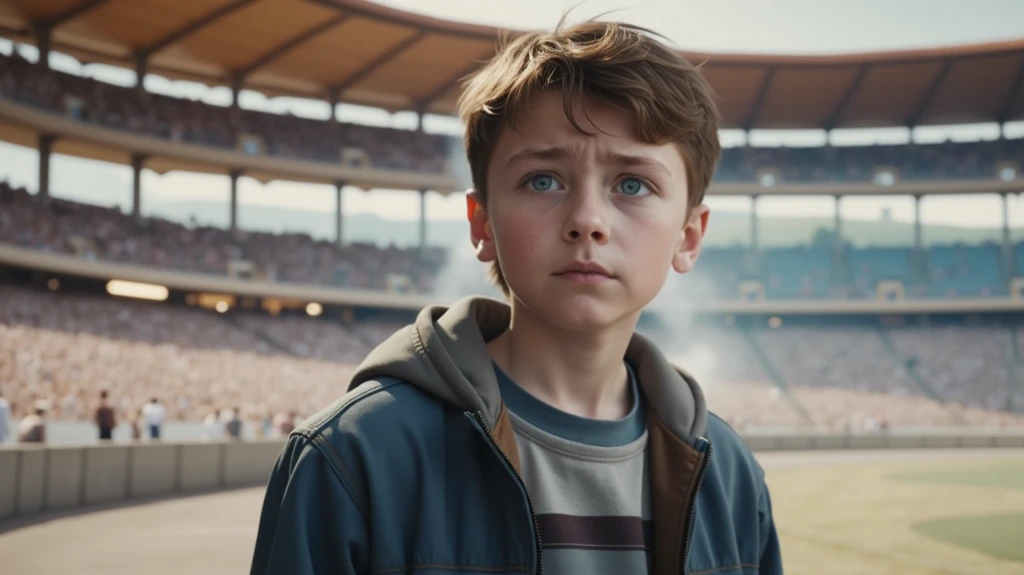 a boy is watching car racing in stadium with his father 