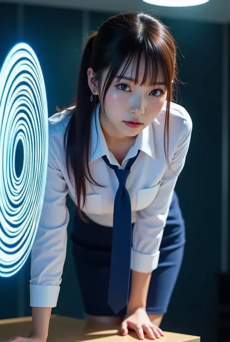 sexy Japanese woman, self-defense officer, uniform, navy blue tie, white shirt, Long Sleeve, navy blue pencil skirt, bangs, Brown Hair, low ponytail, She is standing leaning forward, her right hand on the desk, looking at the computer screen as if peering ...