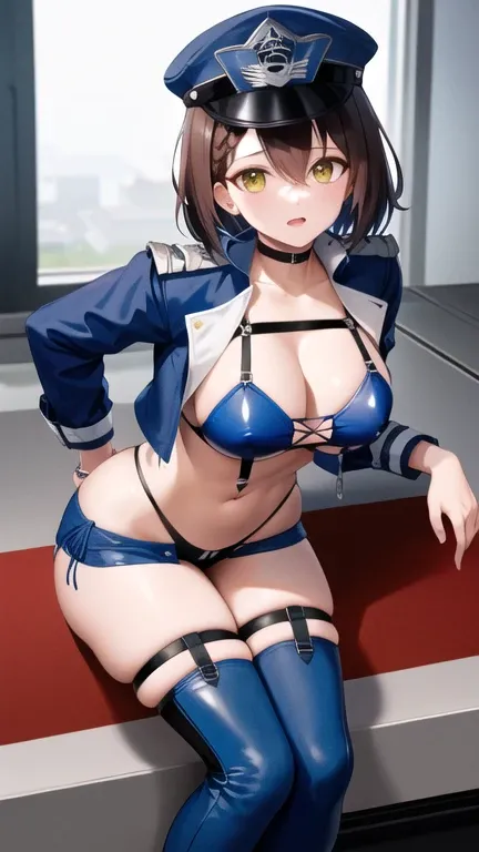 masterpiece,  top quality ,  high res, ffbalti , short hair, french braid, blue headwear, peaked cap, race queen, black choker, cleavage, multi-strapped bikini, harness, cropped jacket, blue jacket, open clothes, (groin:1.2), thigh strap, Blue thigh-high b...