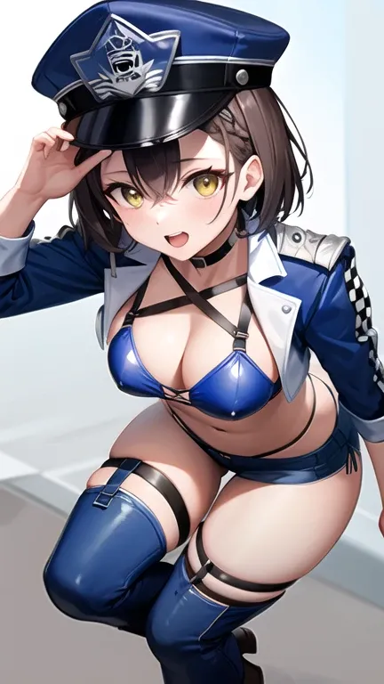 masterpiece,  top quality ,  high res, ffbalti , short hair, french braid, blue headwear, peaked cap, race queen, black choker, cleavage, multi-strapped bikini, harness, cropped jacket, blue jacket, open clothes, (groin:1.2), thigh strap, Blue thigh-high b...