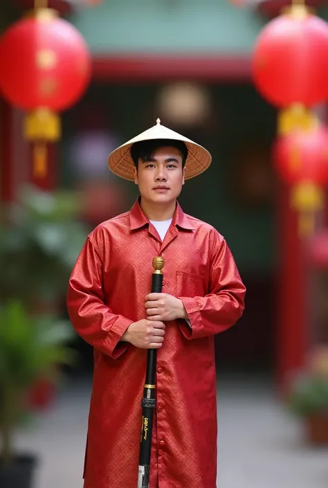  a Vietnamese man  , wearing traditional New Years clothing, New Years Eve ,  full body ,  fishing rod handle ,  New Years Day decoration scene around 