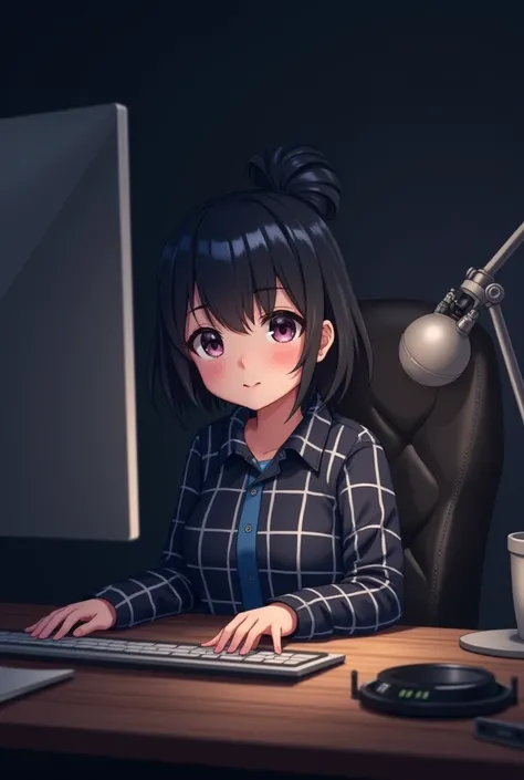 A  Cute girl is sitting in front of a computer desk with a mic and a Laptop. He is wearing a black and blue checked shirt and has black hair against a black themed background