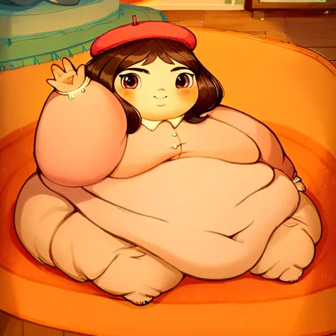 Source_cartoon, rating_safe, 1girl, littlemisfortune, happy, sitting on floor, rainbow rug, waving at viewer, chibi, beret, fat, chubby, obese, gigantic arms and legs, blush,