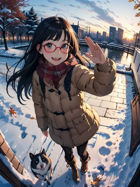 masterpiece， top quality ， high image quality，( super flat ， FLAT SHADING  )，Stylish glasses，beautiful dark hair， fisheye lens， adorable little young happy sow and her adorable :1.2，Warm free wrapped scarf ， Down Jacket，(naked)，  long hair，  knit dress，tig...